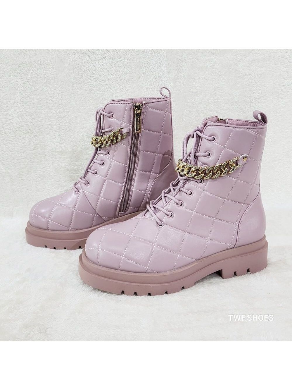 Diamond Stich Combat Boots Rhinestone Chain Side Zip Mauve Purple Bling Bootie